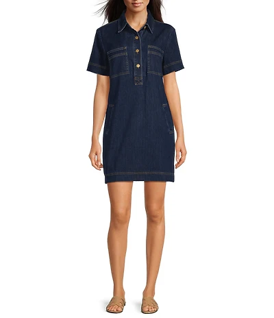 KUT from the Kloth Tatiana Denim Point Collar Short Sleeve Shift Dress