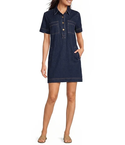 KUT from the Kloth Tatiana Denim Point Collar Short Sleeve Shift Dress