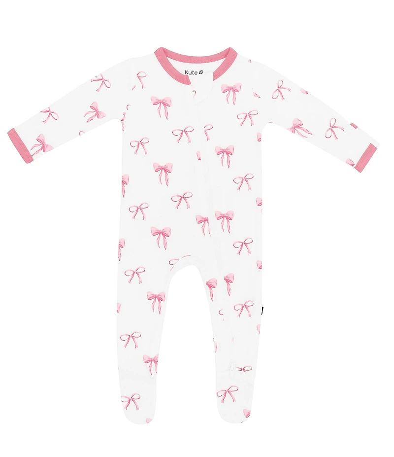 Kyte BABY Baby Girls Bamboo Bow Print Zip Front Footie