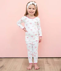 Kyte BABY Little Girls Bamboo Bow Print Long Sleeve Top & Pajama Pants Set