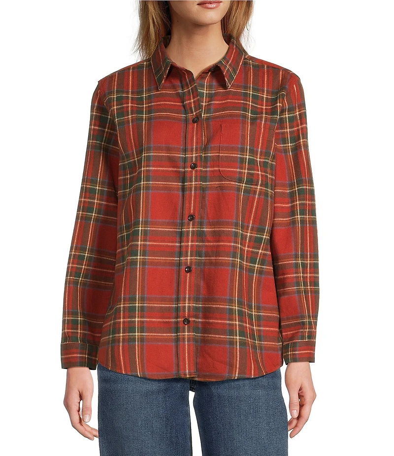 L.L. Bean Scotch Plaid Flannel Spread Collar Long Sleeve Button Down Shirt