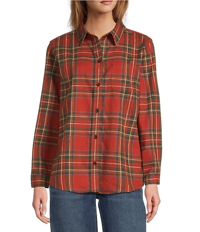 L.L. Bean Scotch Plaid Flannel Spread Collar Long Sleeve Button Down Shirt