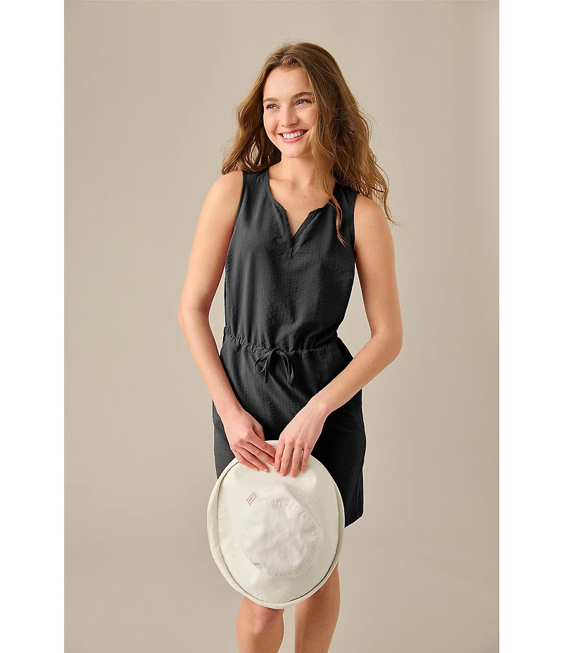L.L. Bean VentureStretch Seersucker Split V-Neckline Sleeveless Drawstring Dress