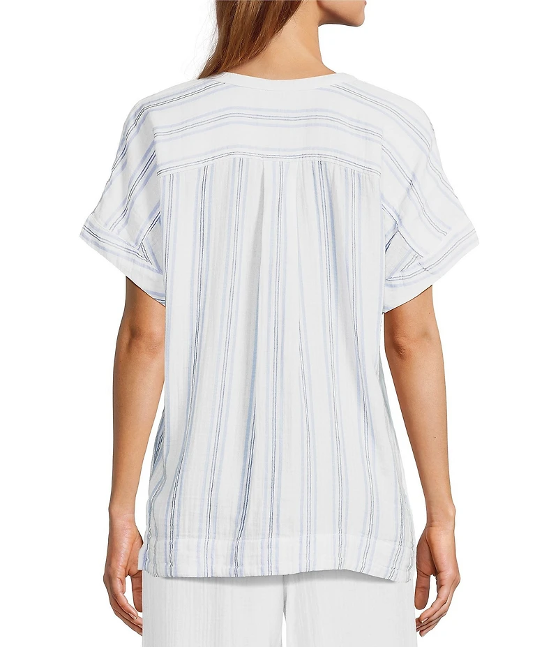 L.L.Bean Cloud Gauze Sea Salt Stripe Split V-Neckline Short Sleeve Top