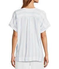 L.L.Bean Cloud Gauze Sea Salt Stripe Split V-Neckline Short Sleeve Top