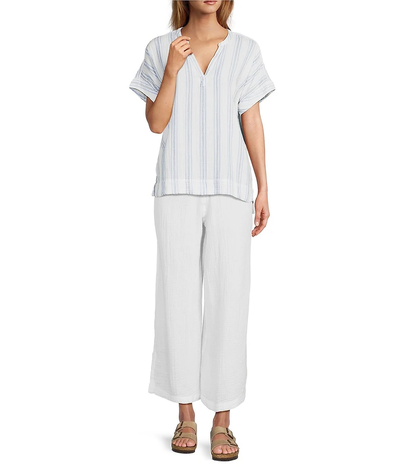 L.L.Bean Cloud Gauze Sea Salt Stripe Split V-Neckline Short Sleeve Top