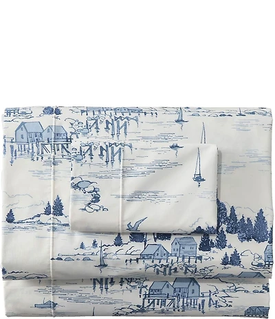 L.L.Bean Coastal Landscape Printed Cotton Percale Sheet Set