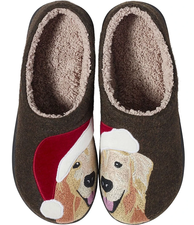 L.L.Bean Daybreak Scuff Santa Hat Golden Retriever Motif Slippers