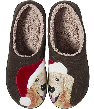 L.L.Bean Daybreak Scuff Santa Hat Golden Retriever Motif Slippers