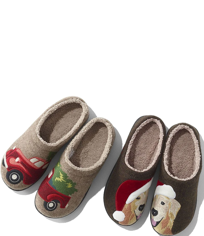 L.L.Bean Daybreak Scuff Santa Hat Golden Retriever Motif Slippers