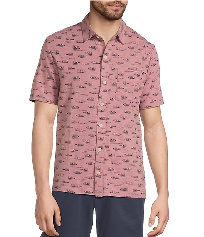 L.L.Bean Lakewashed Performance Bottles Print Short Sleeve Woven Shirt