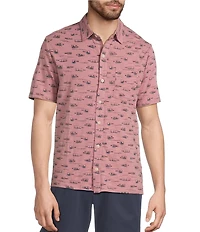 L.L.Bean Lakewashed Performance Bottles Print Short Sleeve Woven Shirt