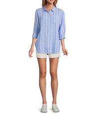 L.L.Bean Linen Long Sleeve Striped Button Front Tunic