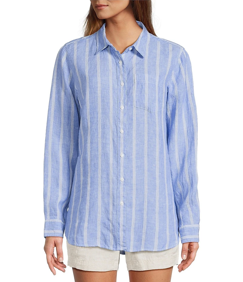 L.L.Bean Linen Long Sleeve Striped Button Front Tunic