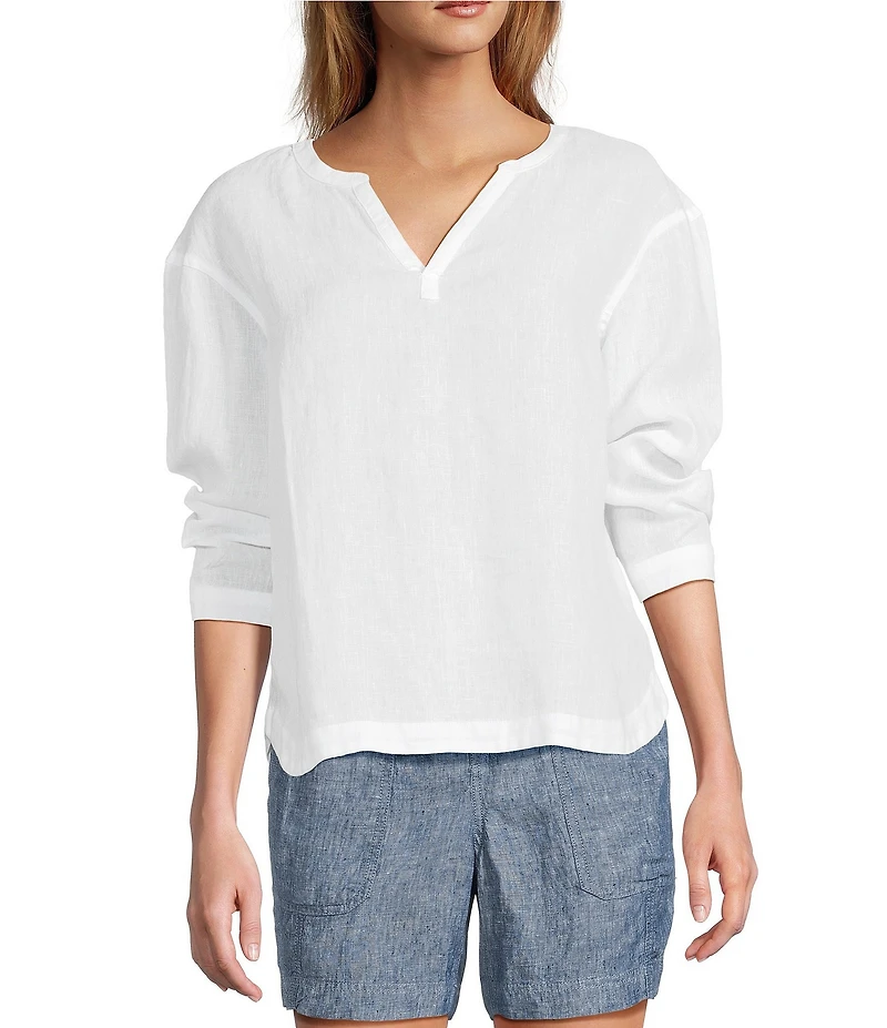 L.L.Bean Linen Split Round Neck Long Sleeve Blouse