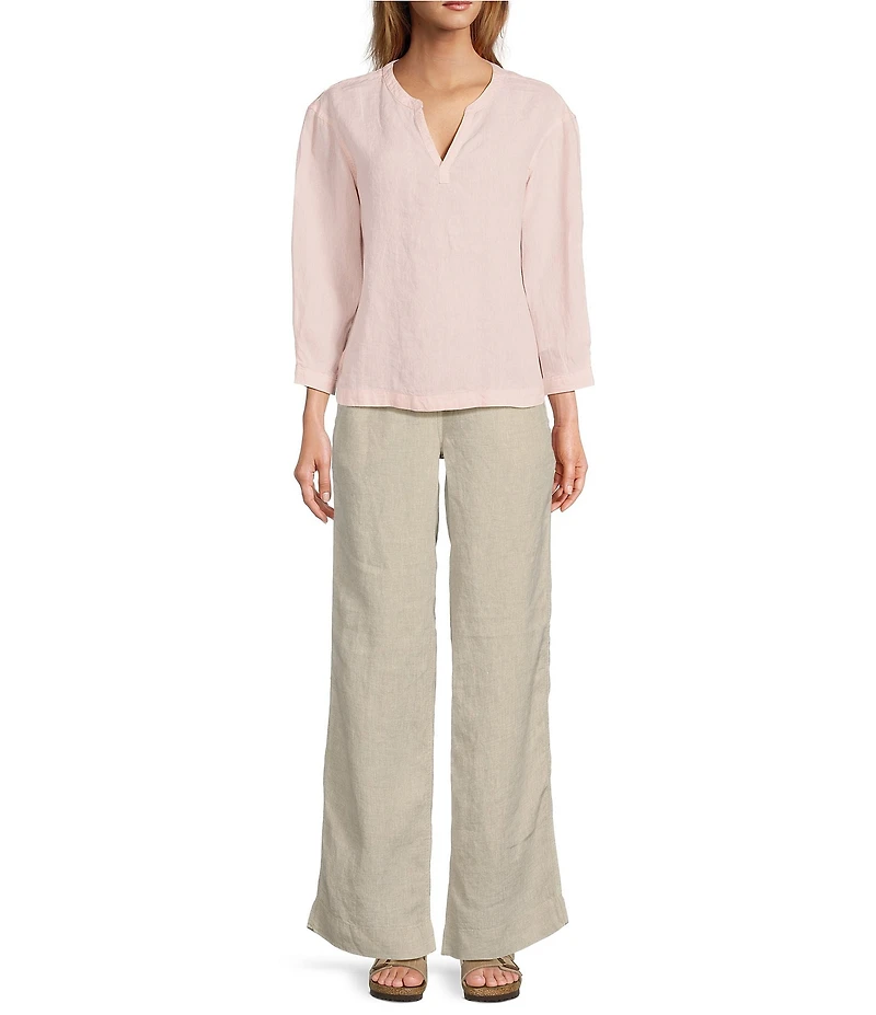 L.L.Bean Linen Split Round Neck Long Sleeve Blouse