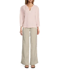L.L.Bean Linen Split Round Neck Long Sleeve Blouse
