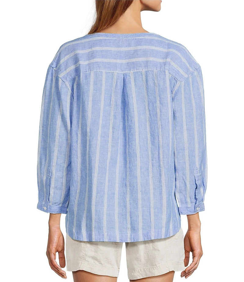 L.L.Bean Linen Twill Striped Split Round Neck Long Sleeve Blouse