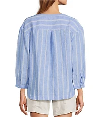 L.L.Bean Linen Twill Striped Split Round Neck Long Sleeve Blouse