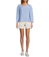 L.L.Bean Linen Twill Striped Split Round Neck Long Sleeve Blouse