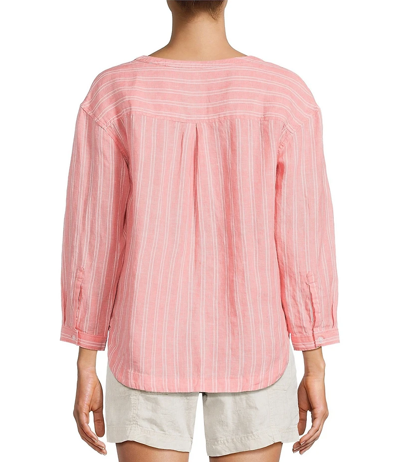 L.L.Bean Linen Striped Split Round Neck Long Sleeve Blouse