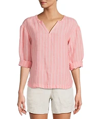 L.L.Bean Linen Striped Split Round Neck Long Sleeve Blouse