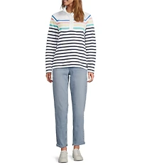L.L.Bean Peaks Island Stripe Mock Neck Long Sleeve Pullover Sweater