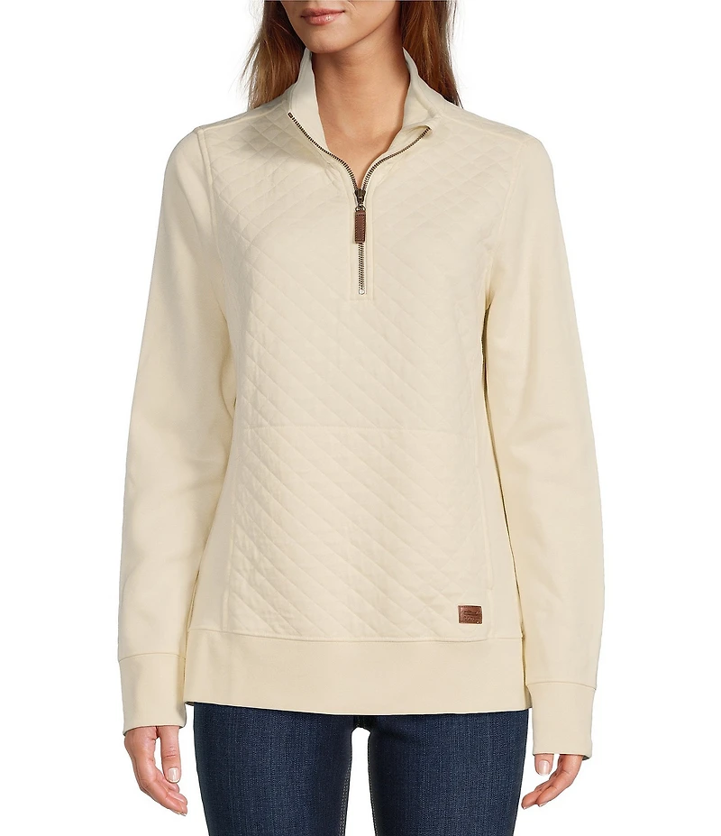 L.L.Bean Quilted Knit Stand Collar Long Sleeve Kangaroo Pocket Quarter-Zip Pullover Top