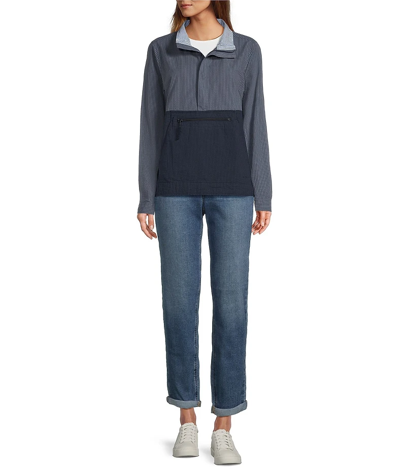 L.L.Bean Seersucker Anorak Mock Neck Half Zip Pullover Long Sleeve Jacket