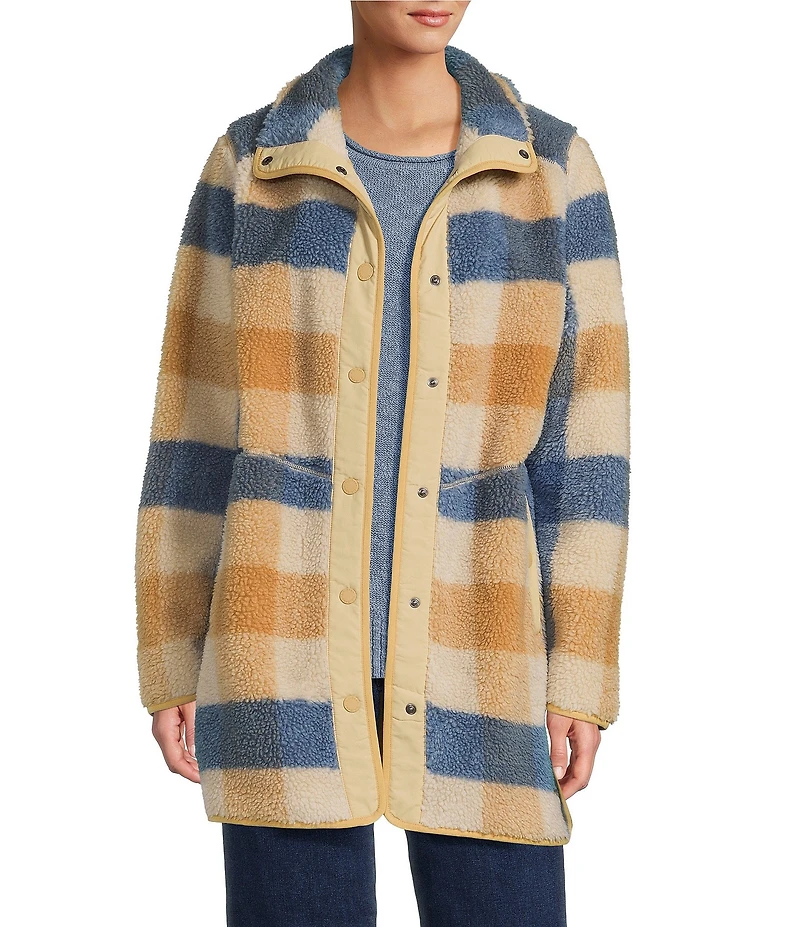 L.L.Bean Sherpa Fleece Plaid Stand Collar Snap Front Coat