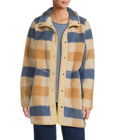 L.L.Bean Sherpa Fleece Plaid Stand Collar Snap Front Coat