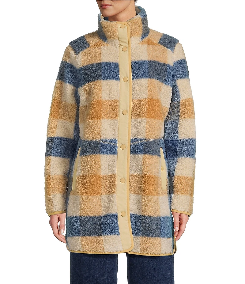L.L.Bean Sherpa Fleece Plaid Stand Collar Snap Front Coat