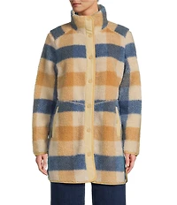 L.L.Bean Sherpa Fleece Plaid Stand Collar Snap Front Coat
