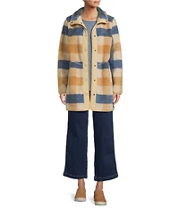 L.L.Bean Sherpa Fleece Plaid Stand Collar Snap Front Coat