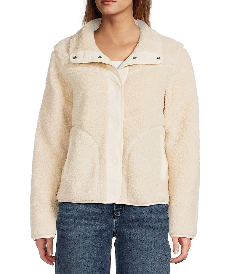 L.L.Bean Sherpa Fleece Stand Collar Long Sleeve Snap-Front Cozy Jacket