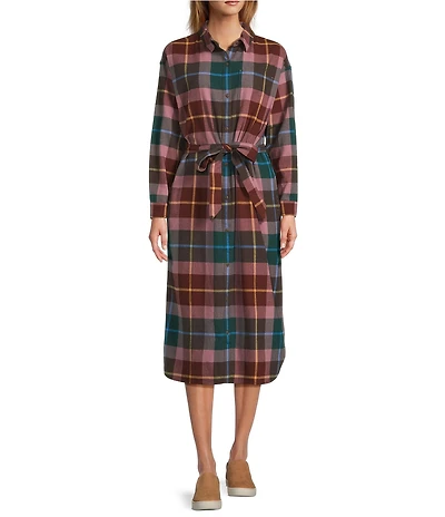 L.L.Bean Signature Camp Soft Flannel Plaid Belted Button Front Midi Dress