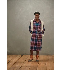 L.L.Bean Signature Camp Soft Flannel Plaid Belted Button Front Midi Dress