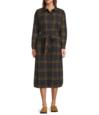 L.L.Bean Signature Camp Soft Flannel Plaid Belted Button Front Midi Dress