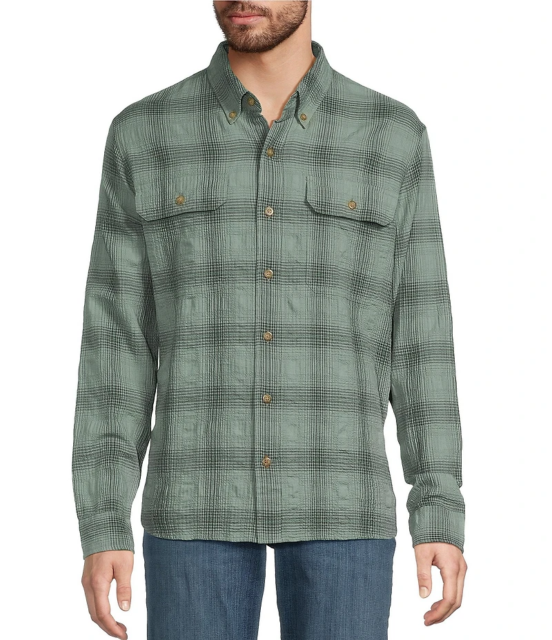 L.L.Bean Sunwashed Textured Plaid Long Sleeve Woven Shirt