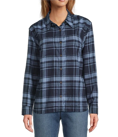 L.L.Bean Whisperweight Plaid Print Flannel Point Collar Button Front Shirt