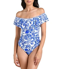 La Blanca Beyond Floral Print Off The Shoulder Ruffle One Piece Swimsuit