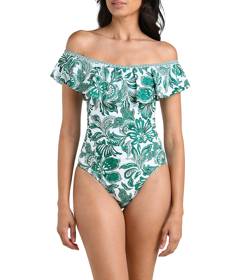La Blanca Beyond Floral Print Off The Shoulder Ruffle One Piece Swimsuit