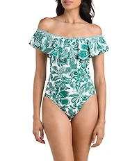 La Blanca Beyond Floral Print Off The Shoulder Ruffle One Piece Swimsuit