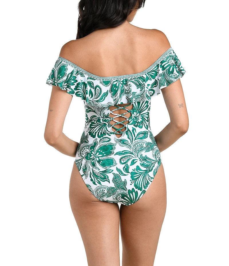 La Blanca Beyond Floral Print Off The Shoulder Ruffle One Piece Swimsuit