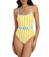 La Blanca Coastal Club House Square Neck Removable Belt Tank One Piece Swimsuit
