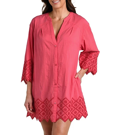 La Blanca Crinkle Collective Split V-Neck Button Front Tunic Swim Cover-Up
