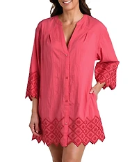La Blanca Crinkle Collective Split V-Neck Button Front Tunic Swim Cover-Up