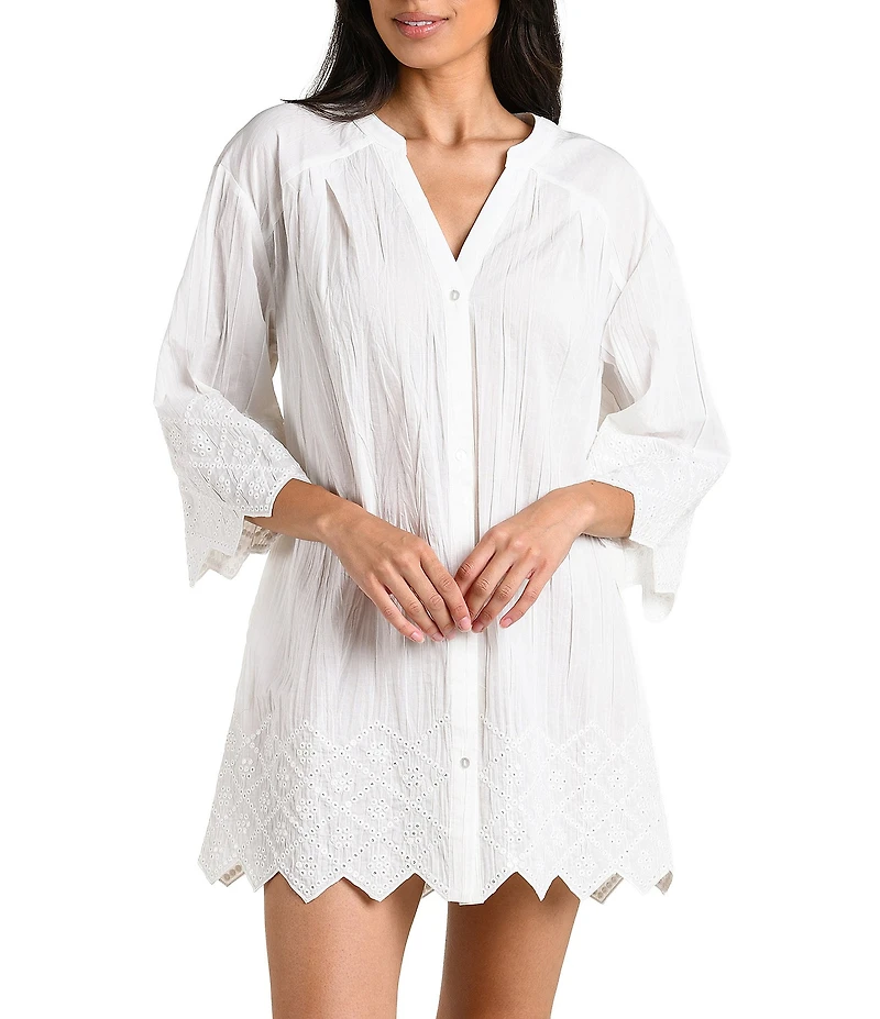La Blanca Crinkle Collective Split V-Neck Button Front Tunic Swim Cover-Up