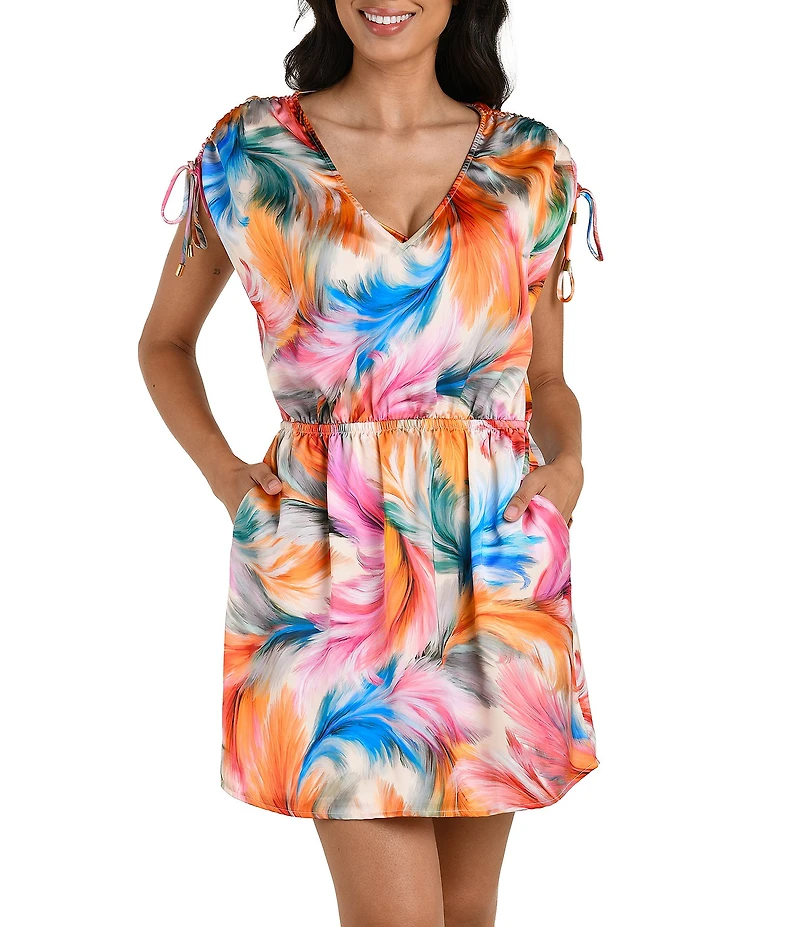 La Blanca Feathered Impression Abstract Print V-Neck Shirred Dress Swim Cover-Up