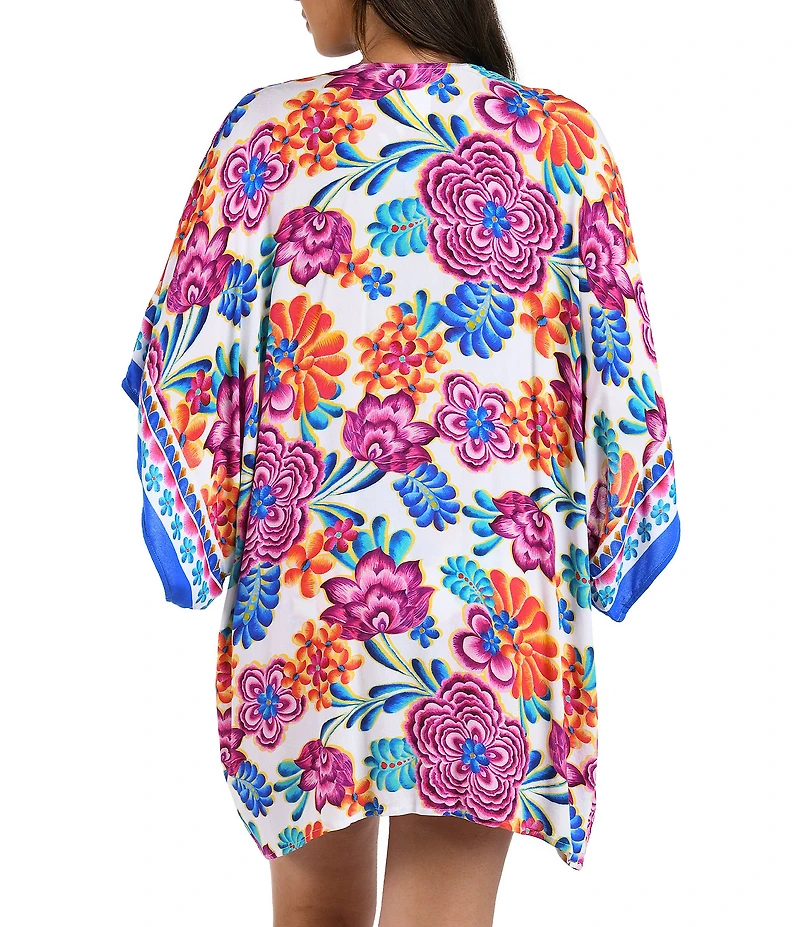 La Blanca Flor De Paradiso Floral Print Dolman Sleeve Open Front Kimono Swim Cover-Up
